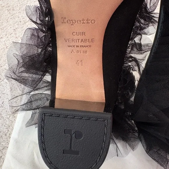 Repetto tulle trimmed black suede healed ballet shoe, size 41 - Picture 6 of 7